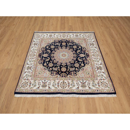 Traditional Wool & Silk Hand Knotted Rug Blue5.0X5.0  -O091054