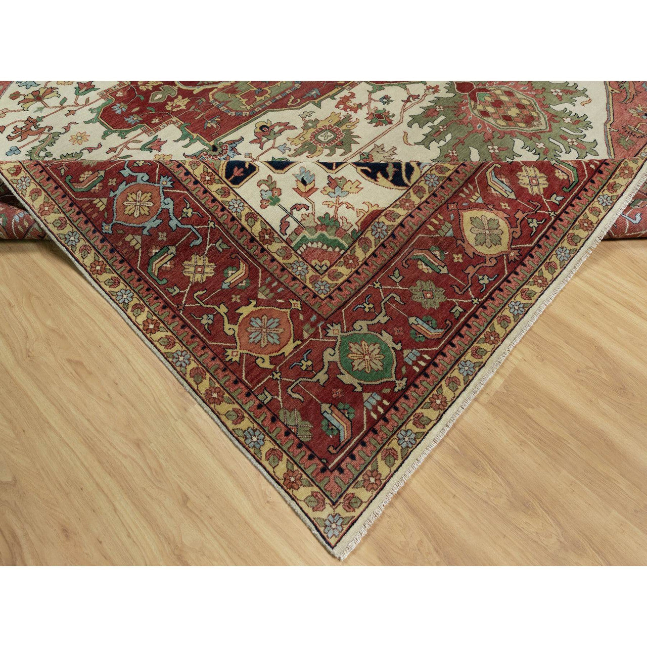 Ivory 12'0" x 12'3" Traditional Hand knotted Wool Rug - Sku: O091107