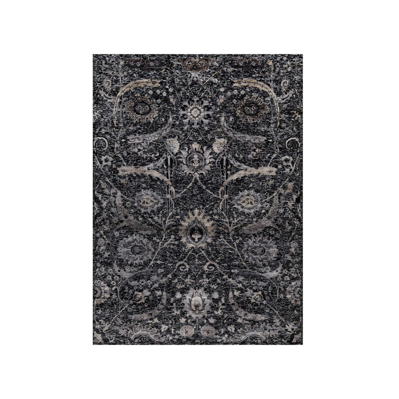 Transitional Wool & Silk Hand Knotted Rug Black 4.10x6.11 -O091135