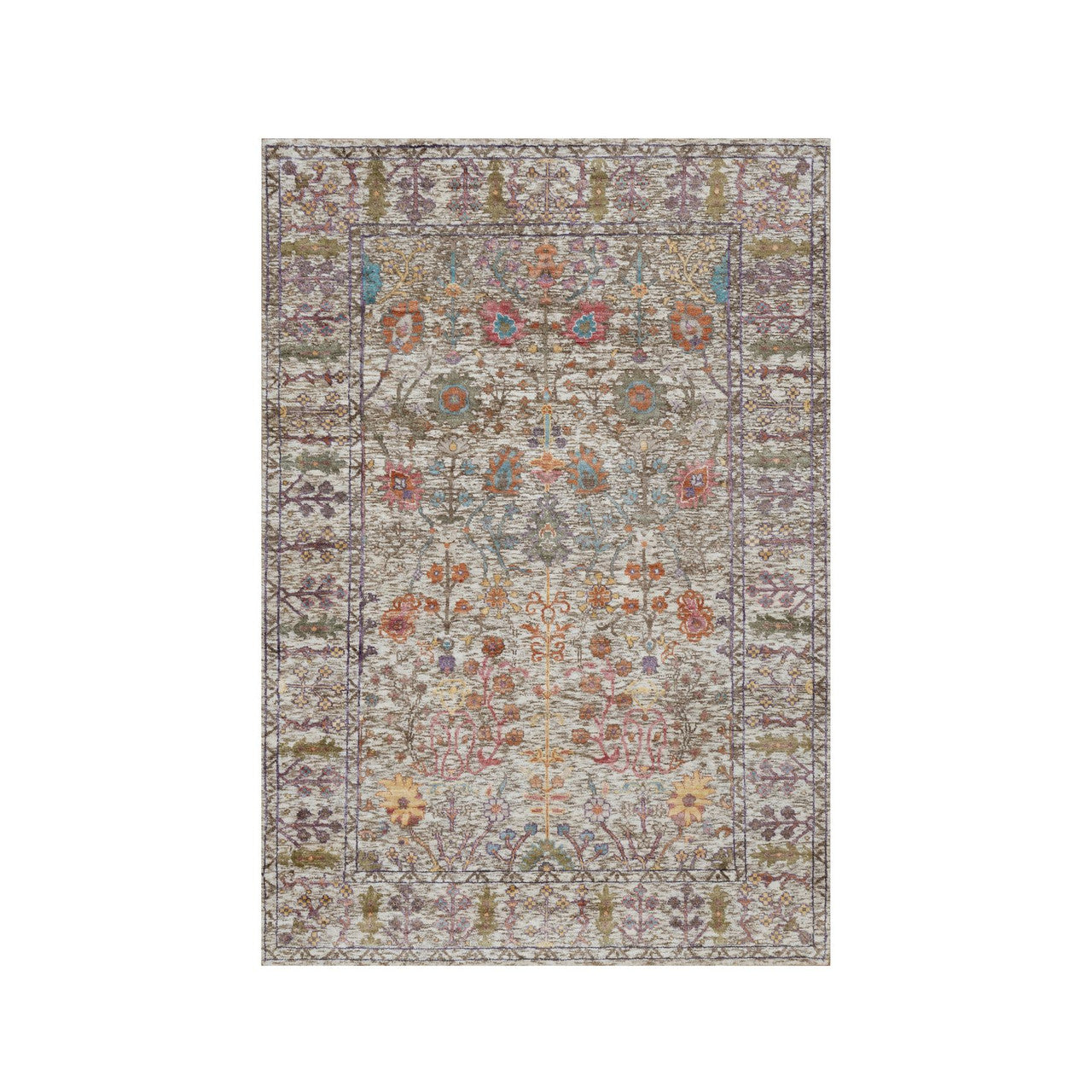 Transitional Wool & Silk Hand Knotted Rug Ivory 4.0x6.1 -O091138