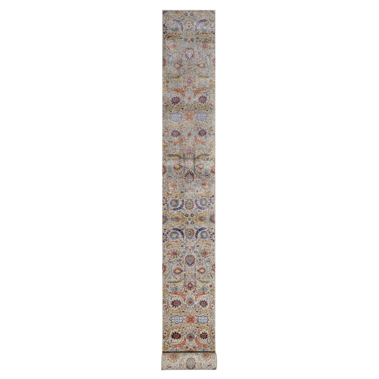 Transitional Wool & Silk Hand Knotted Rug Ivory 2.5x26.0 -O091159