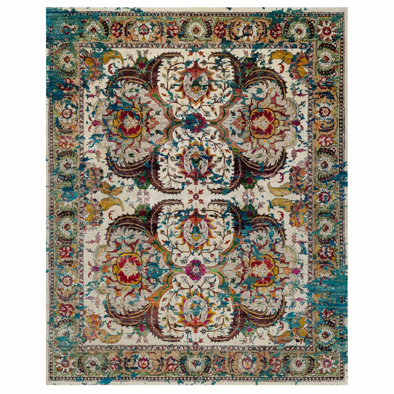 Transitional Wool & Silk Hand Knotted Rug Ivory 8.1x10.1 -O091164