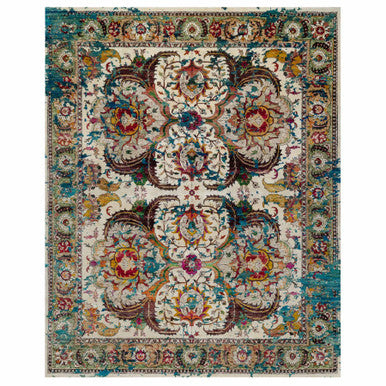 Transitional Wool & Silk Hand Knotted Rug Ivory 8.1x10.1 -O091164
