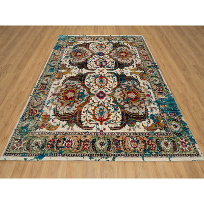 Transitional Wool & Silk Hand Knotted Rug Ivory 8.1x10.1 -O091164