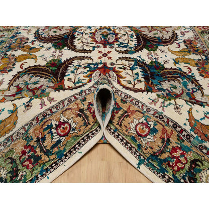 Transitional Wool & Silk Hand Knotted Rug Ivory 8.1x10.1 -O091164