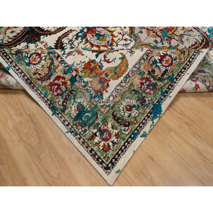Transitional Wool & Silk Hand Knotted Rug Ivory 8.1x10.1 -O091164