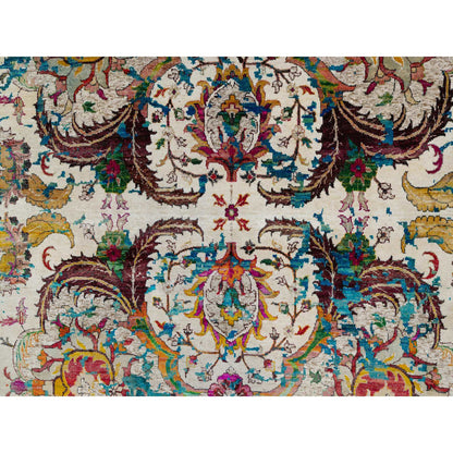 Transitional Wool & Silk Hand Knotted Rug Ivory 8.1x10.1 -O091164