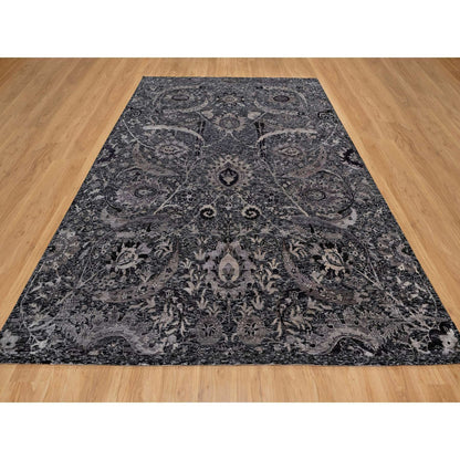 Transitional Wool & Silk Hand Knotted Rug Black 8.8x11.10 -O091167