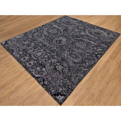 Transitional Wool & Silk Hand Knotted Rug Black 8.1x9.11 -O091169