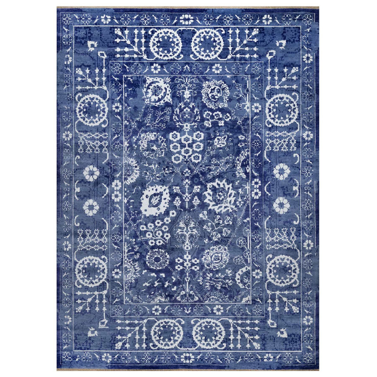 Transitional Wool & Silk Hand Knotted Rug Blue 8.11x12.3 -O091213
