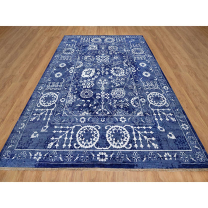 Transitional Wool & Silk Hand Knotted Rug Blue 8.11x12.3 -O091213