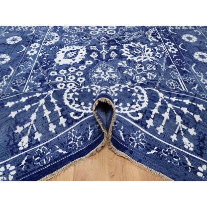 Transitional Wool & Silk Hand Knotted Rug Blue 8.11x12.3 -O091213