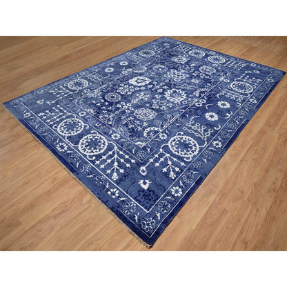 Transitional Wool & Silk Hand Knotted Rug Blue 9.0x12.0 -O091222