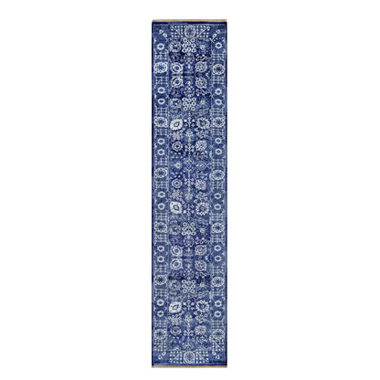 Transitional Wool & Silk Hand Knotted Rug Blue 2.7x11.10 -O091223