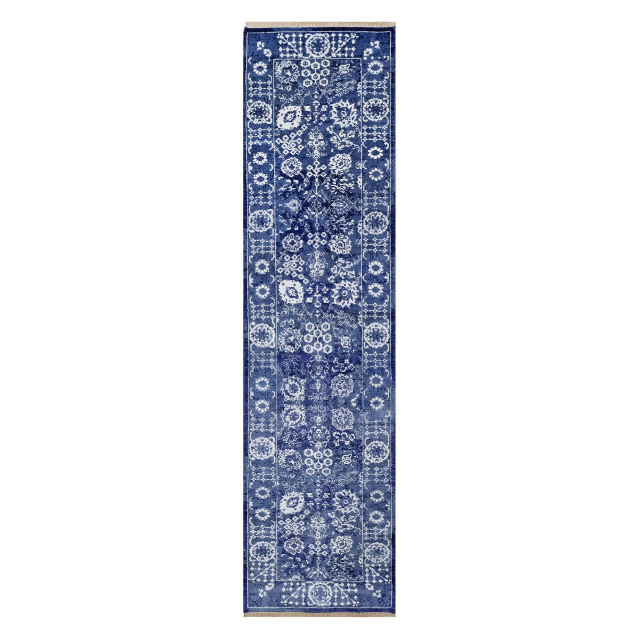 Transitional Wool & Silk Hand Knotted Rug Blue 2.7x10.0 -O091224