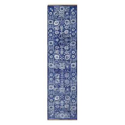 Transitional Wool & Silk Hand Knotted Rug Blue 2.7x10.0 -O091224