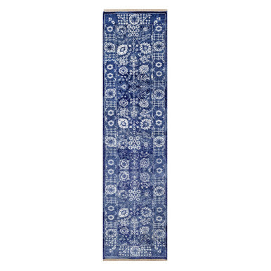 Transitional Wool & Silk Hand Knotted Rug Blue 2.7x10.0 -O091224