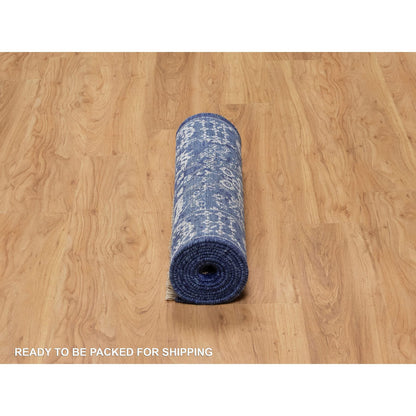 Transitional Wool & Silk Hand Knotted Rug Blue 2.7x10.0 -O091224