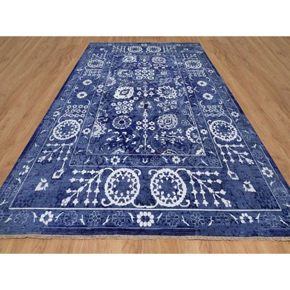 Transitional Wool & Silk Hand Knotted Rug Blue 9.10x14.0 -O091227