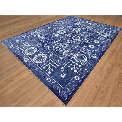 Transitional Wool & Silk Hand Knotted Rug Blue 9.10x14.0 -O091227