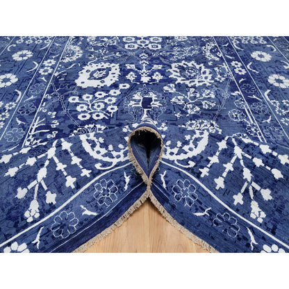 Transitional Wool & Silk Hand Knotted Rug Blue 9.10x14.0 -O091227