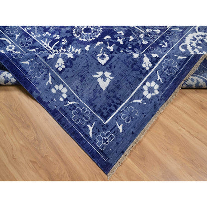 Transitional Wool & Silk Hand Knotted Rug Blue 9.10x14.0 -O091227