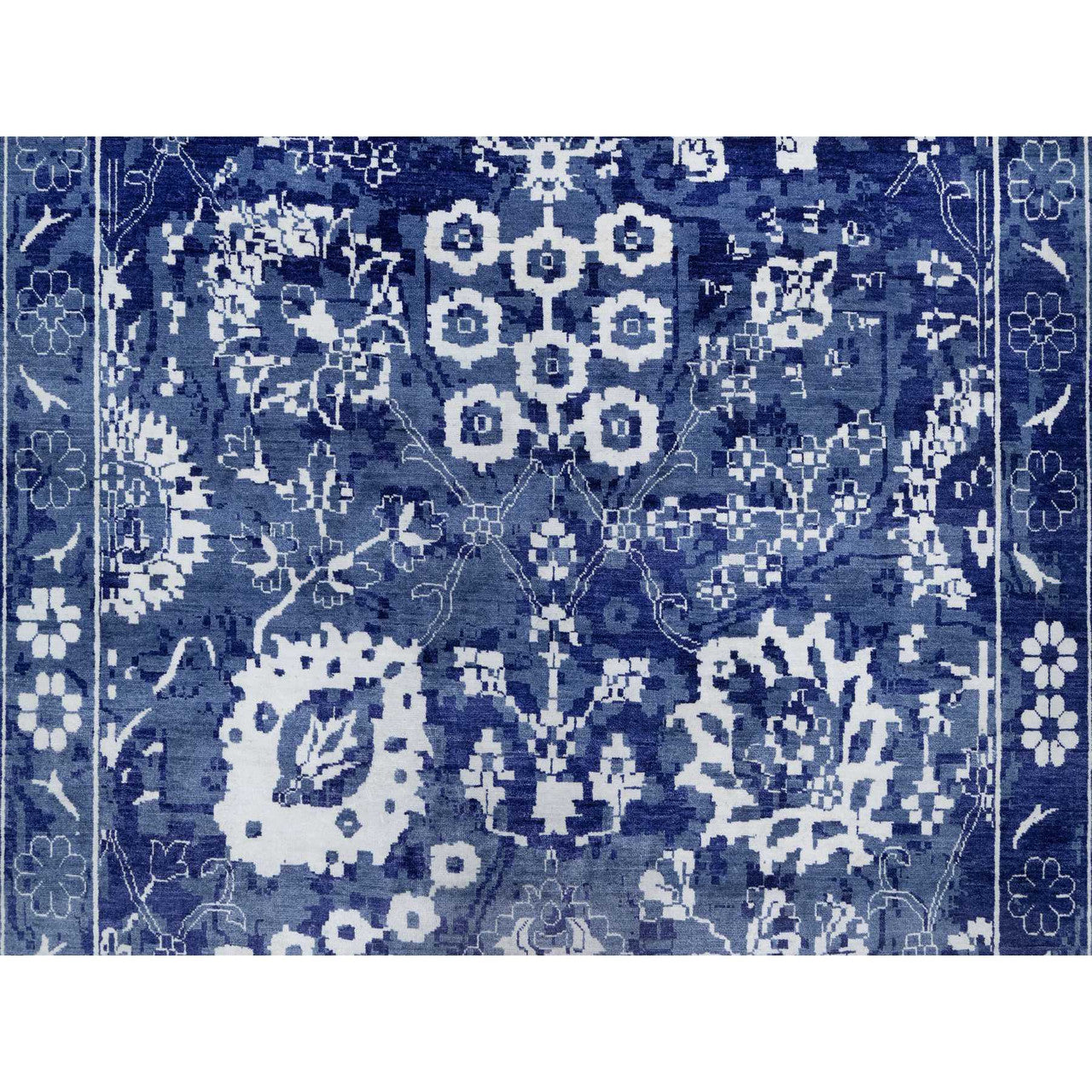 Transitional Wool & Silk Hand Knotted Rug Blue 9.10x14.0 -O091227