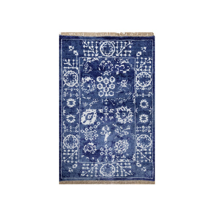 Transitional Wool & Silk Hand Knotted Rug Blue 2.1x3.2 -O091228