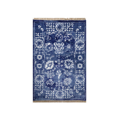 Transitional Wool & Silk Hand Knotted Rug Blue 2.1x3.2 -O091228