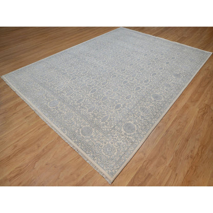 Fine Oriental Wool & Silk Hand Knotted Rug Ivory 8.11x12.1 -O091353