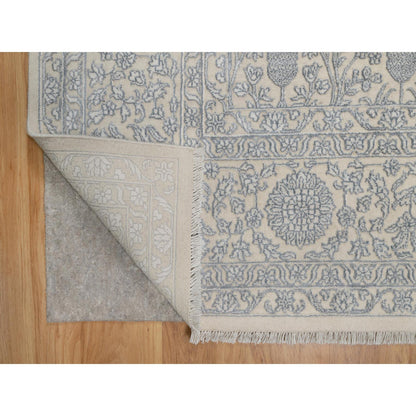 Fine Oriental Wool & Silk Hand Knotted Rug Ivory 8.11x12.1 -O091353