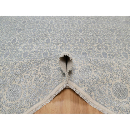 Fine Oriental Wool & Silk Hand Knotted Rug Ivory 8.11x12.1 -O091353