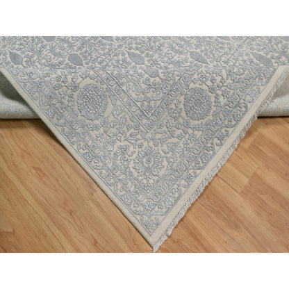 Fine Oriental Wool & Silk Hand Knotted Rug Ivory 8.11x12.1 -O091353