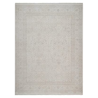 Fine Oriental Wool & Silk Hand Knotted Rug Ivory 9.1x12.1 -O091365
