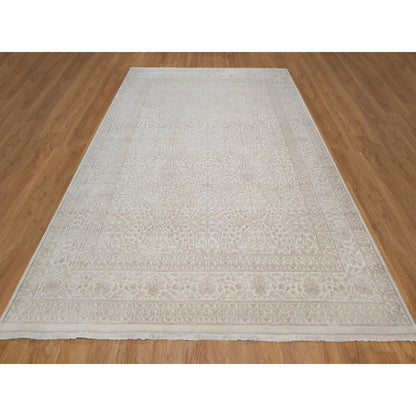 Fine Oriental Wool & Silk Hand Knotted Rug Ivory 9.1x12.1 -O091365