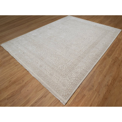 Fine Oriental Wool & Silk Hand Knotted Rug Ivory 9.1x12.1 -O091365