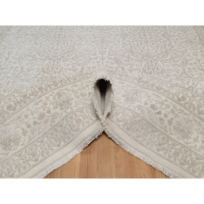 Fine Oriental Wool & Silk Hand Knotted Rug Ivory 9.1x12.1 -O091365