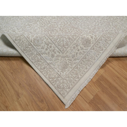 Fine Oriental Wool & Silk Hand Knotted Rug Ivory 9.1x12.1 -O091365