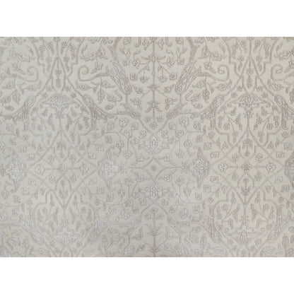 Fine Oriental Wool & Silk Hand Knotted Rug Ivory 9.1x12.1 -O091365
