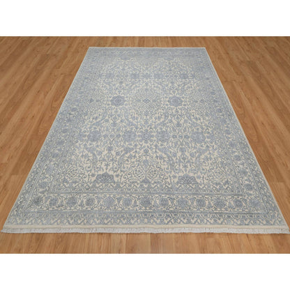 Fine Oriental Wool & Silk Hand Knotted Rug Ivory 7.9x10.2 -O091366