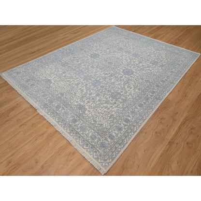 Fine Oriental Wool & Silk Hand Knotted Rug Ivory 7.9x10.2 -O091366