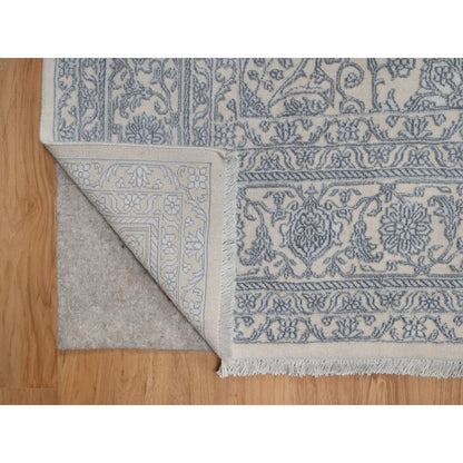 Fine Oriental Wool & Silk Hand Knotted Rug Ivory 7.9x10.2 -O091366