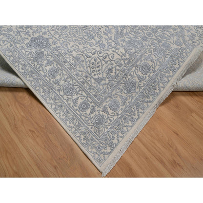 Fine Oriental Wool & Silk Hand Knotted Rug Ivory 7.9x10.2 -O091366