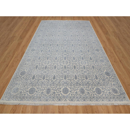 Fine Oriental Wool & Silk Hand Knotted Rug Ivory 8.8x12.1 -O091367
