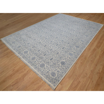 Fine Oriental Wool & Silk Hand Knotted Rug Ivory 8.8x12.1 -O091367