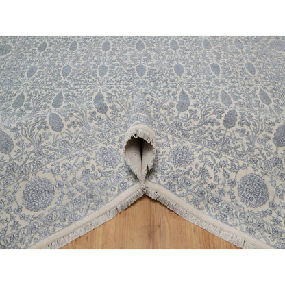 Fine Oriental Wool & Silk Hand Knotted Rug Ivory 8.8x12.1 -O091367