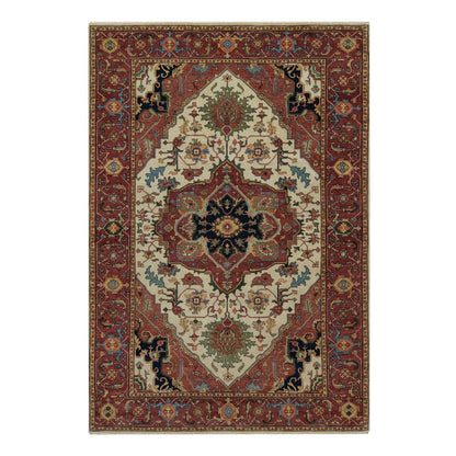 Heriz Wool Hand Knotted Rug Ivory 6.2x9.1 -O091394