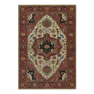 Heriz Wool Hand Knotted Rug Ivory 6.2x9.1 -O091394