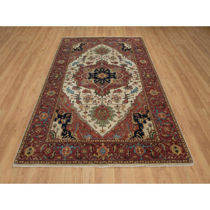 Heriz Wool Hand Knotted Rug Ivory 6.2x9.1 -O091394