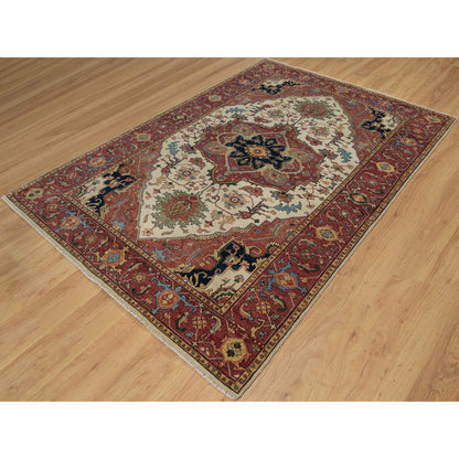 Heriz Wool Hand Knotted Rug Ivory 6.2x9.1 -O091394